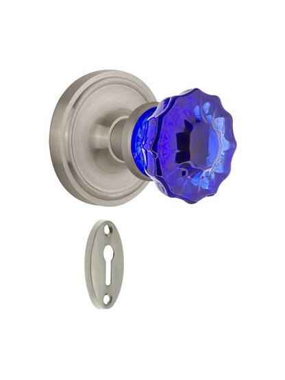 Classic Rosette Mortise Lock Set with Colored Fluted Crystal Glass Knobs Cobalt Blue in Satin Nickel.